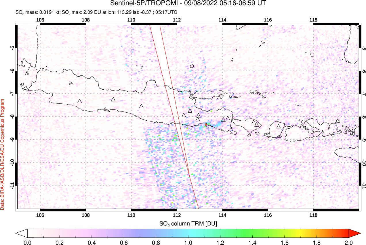 A sulfur dioxide image over Java, Indonesia on Sep 08, 2022.