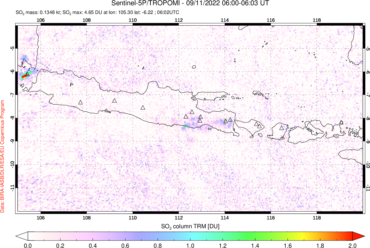 A sulfur dioxide image over Java, Indonesia on Sep 11, 2022.