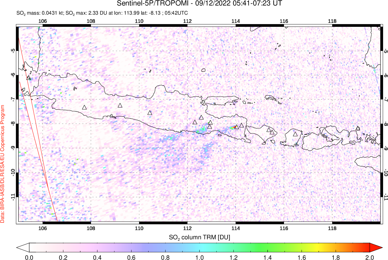 A sulfur dioxide image over Java, Indonesia on Sep 12, 2022.