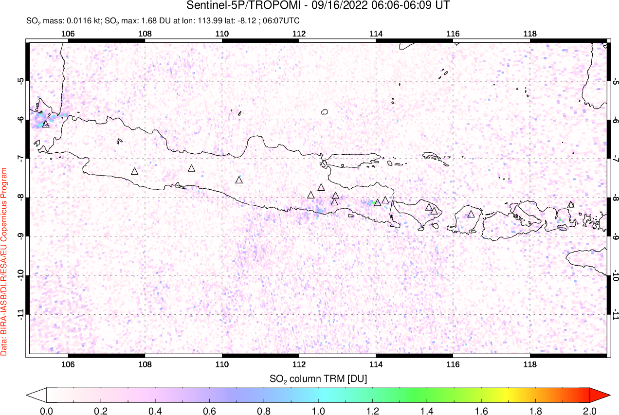 A sulfur dioxide image over Java, Indonesia on Sep 16, 2022.