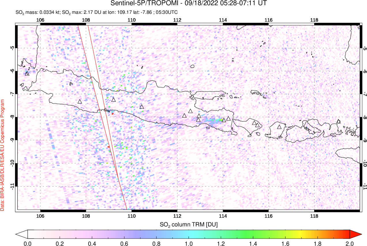 A sulfur dioxide image over Java, Indonesia on Sep 18, 2022.