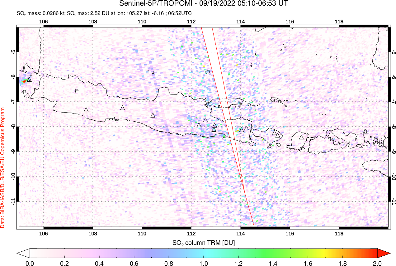 A sulfur dioxide image over Java, Indonesia on Sep 19, 2022.