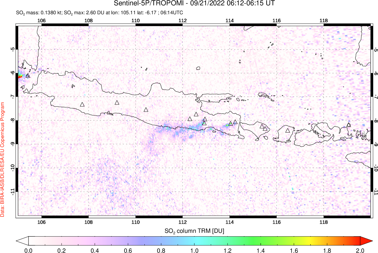 A sulfur dioxide image over Java, Indonesia on Sep 21, 2022.