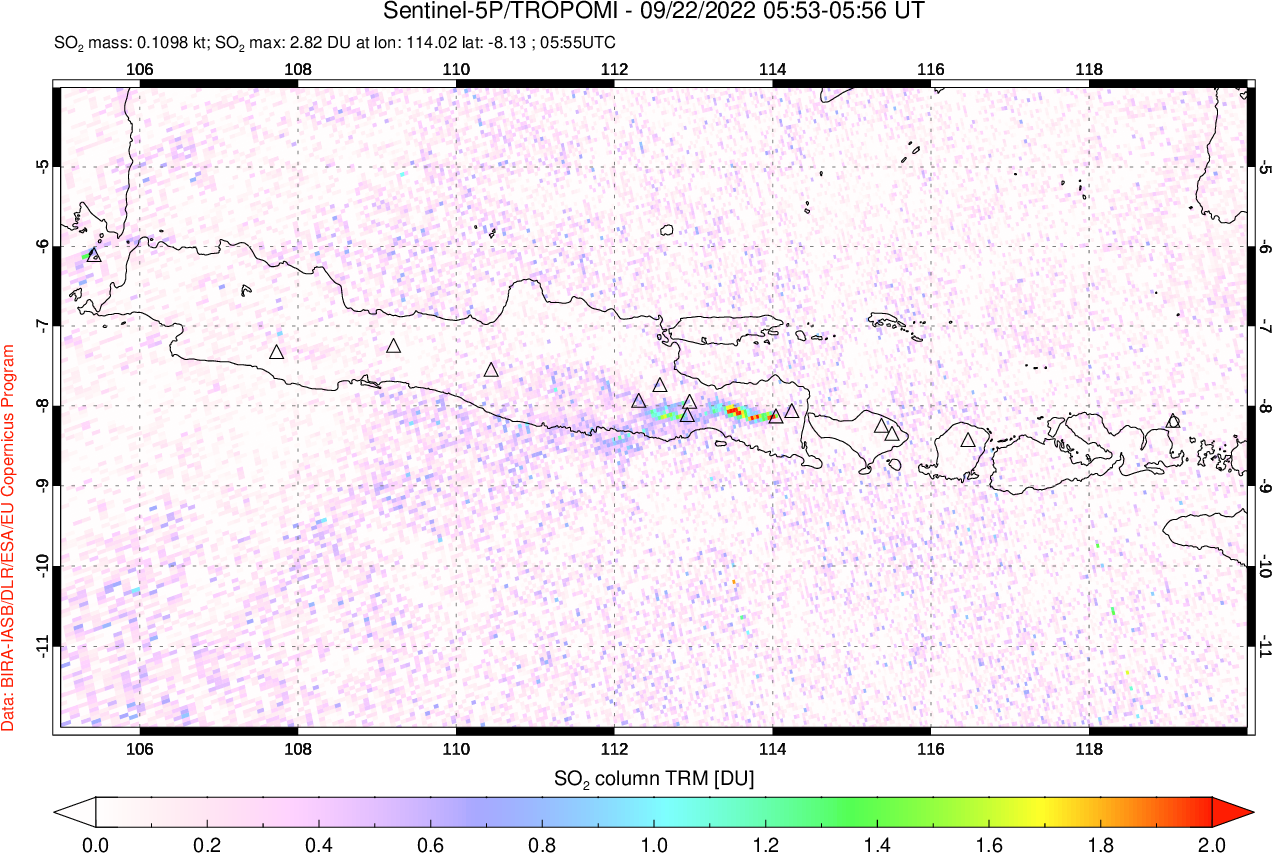 A sulfur dioxide image over Java, Indonesia on Sep 22, 2022.