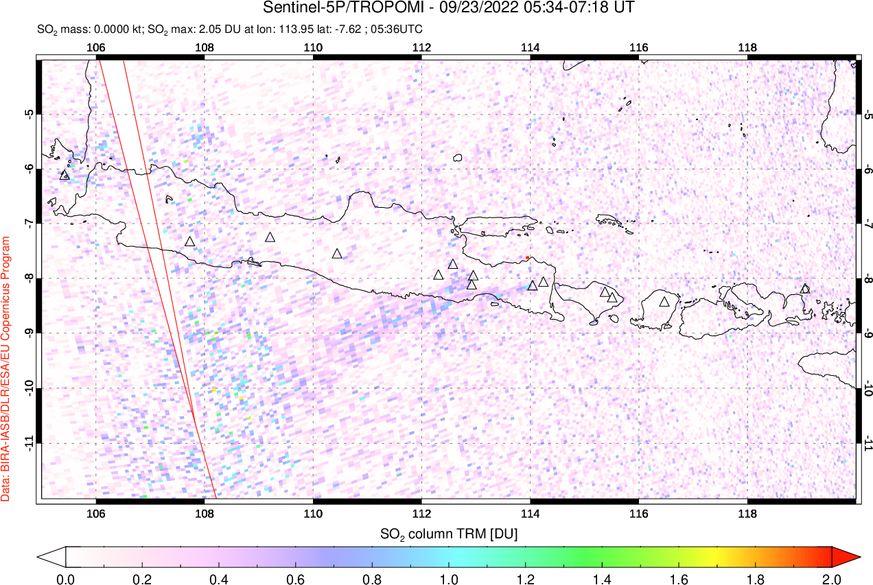 A sulfur dioxide image over Java, Indonesia on Sep 23, 2022.