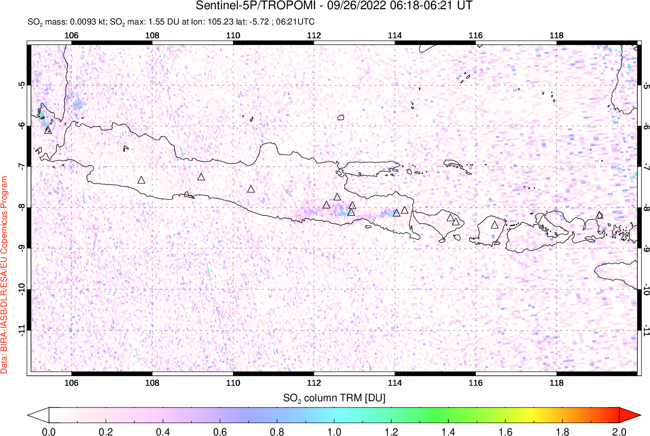 A sulfur dioxide image over Java, Indonesia on Sep 26, 2022.