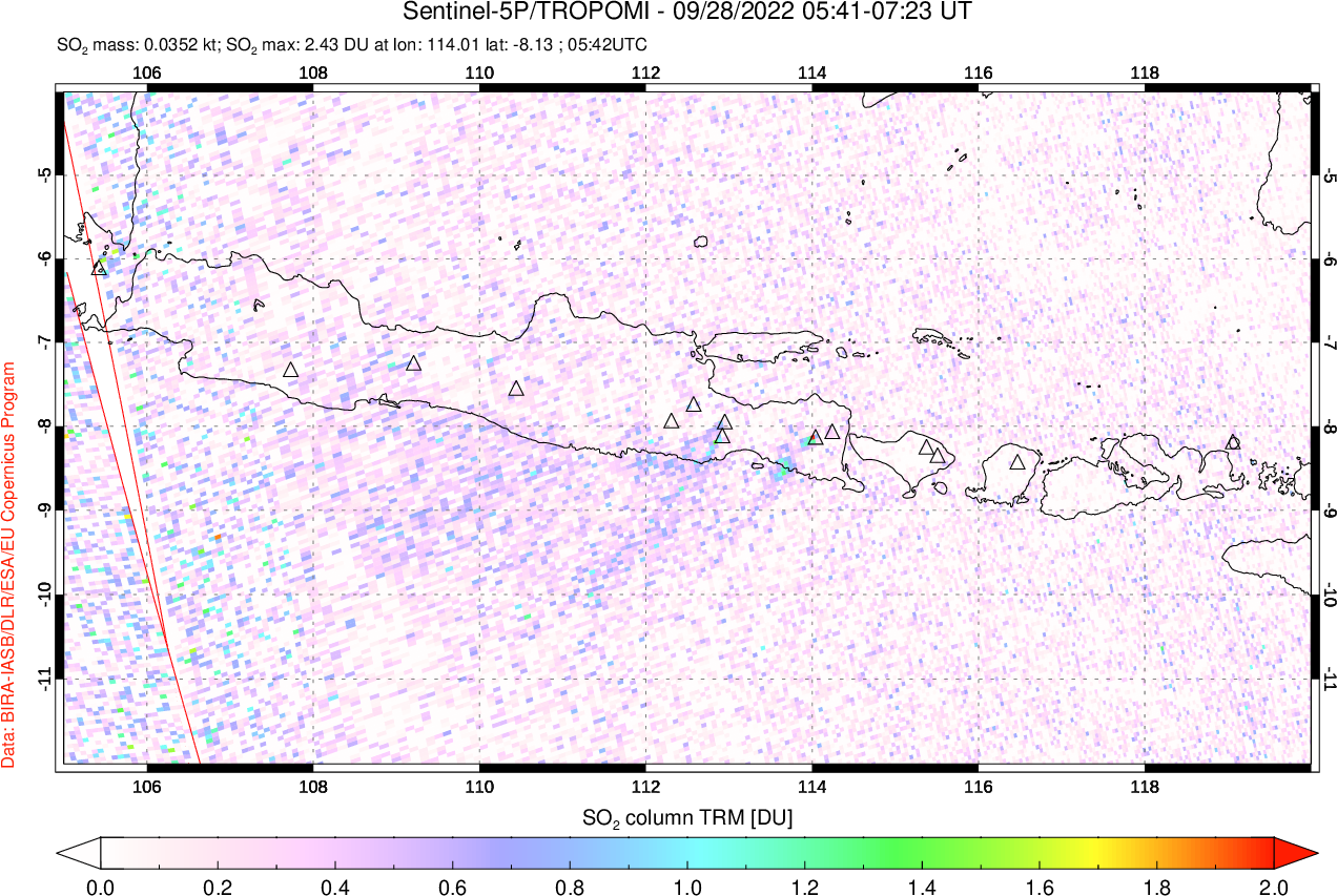 A sulfur dioxide image over Java, Indonesia on Sep 28, 2022.