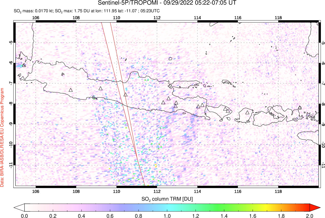 A sulfur dioxide image over Java, Indonesia on Sep 29, 2022.