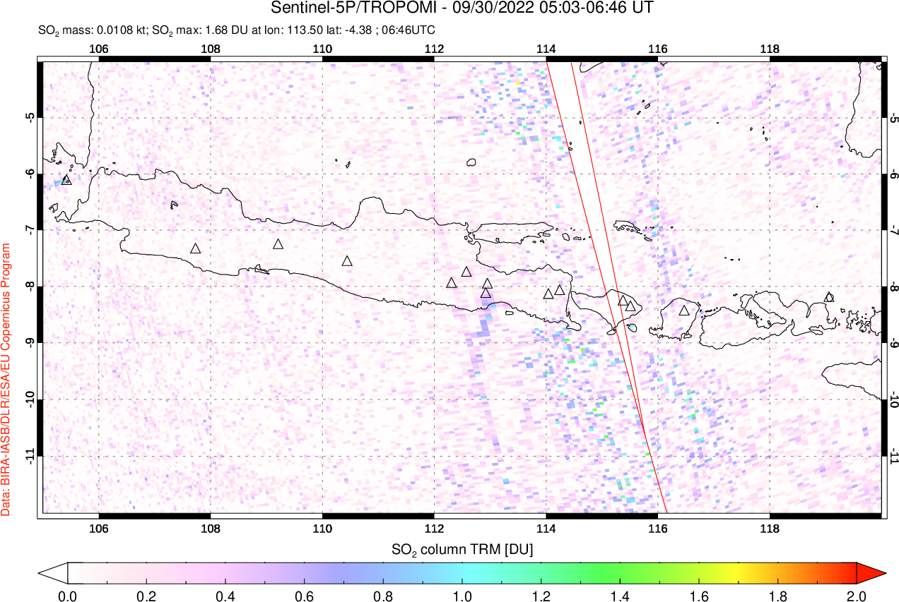 A sulfur dioxide image over Java, Indonesia on Sep 30, 2022.