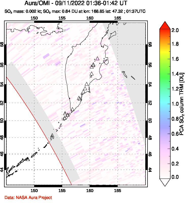 A sulfur dioxide image over Kamchatka, Russian Federation on Sep 11, 2022.