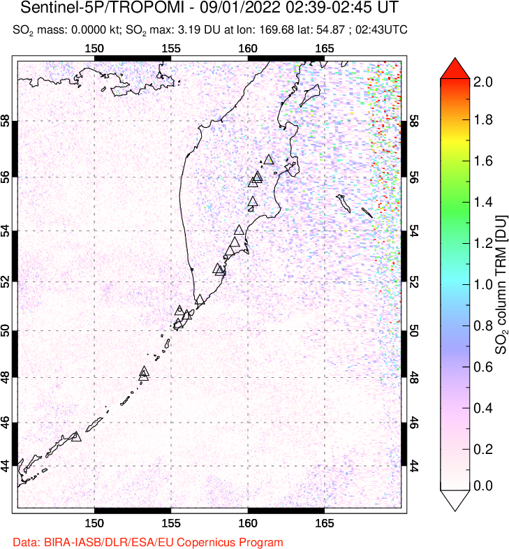 A sulfur dioxide image over Kamchatka, Russian Federation on Sep 01, 2022.