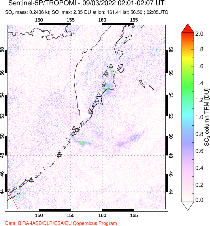 A sulfur dioxide image over Kamchatka, Russian Federation on Sep 03, 2022.