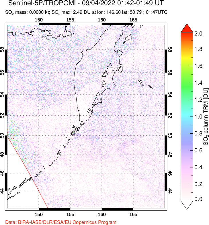 A sulfur dioxide image over Kamchatka, Russian Federation on Sep 04, 2022.