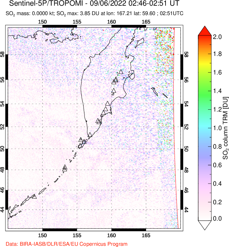 A sulfur dioxide image over Kamchatka, Russian Federation on Sep 06, 2022.