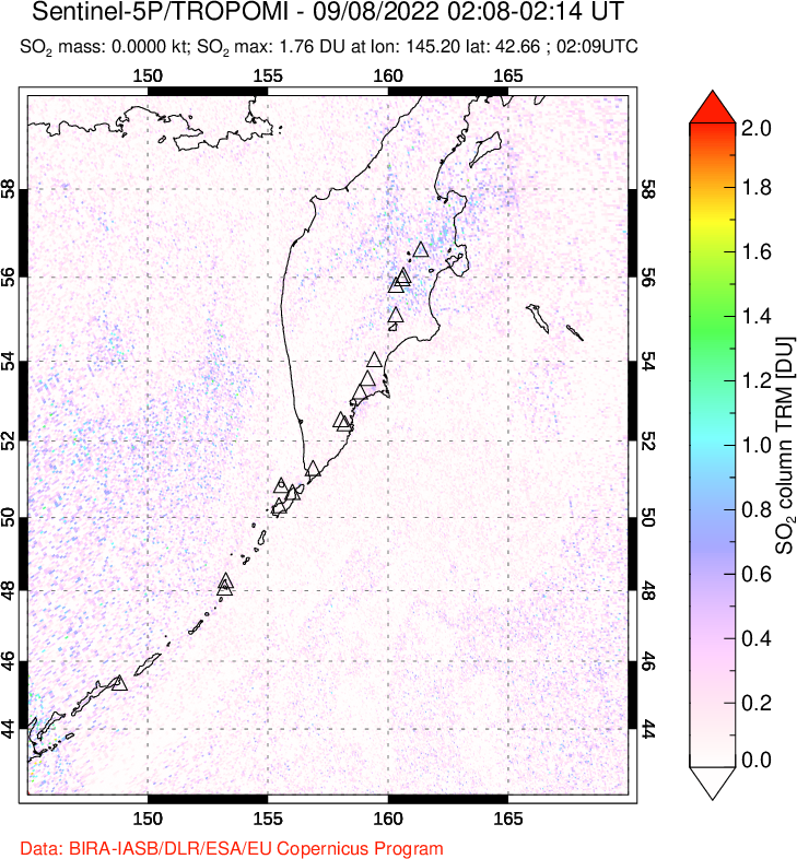 A sulfur dioxide image over Kamchatka, Russian Federation on Sep 08, 2022.