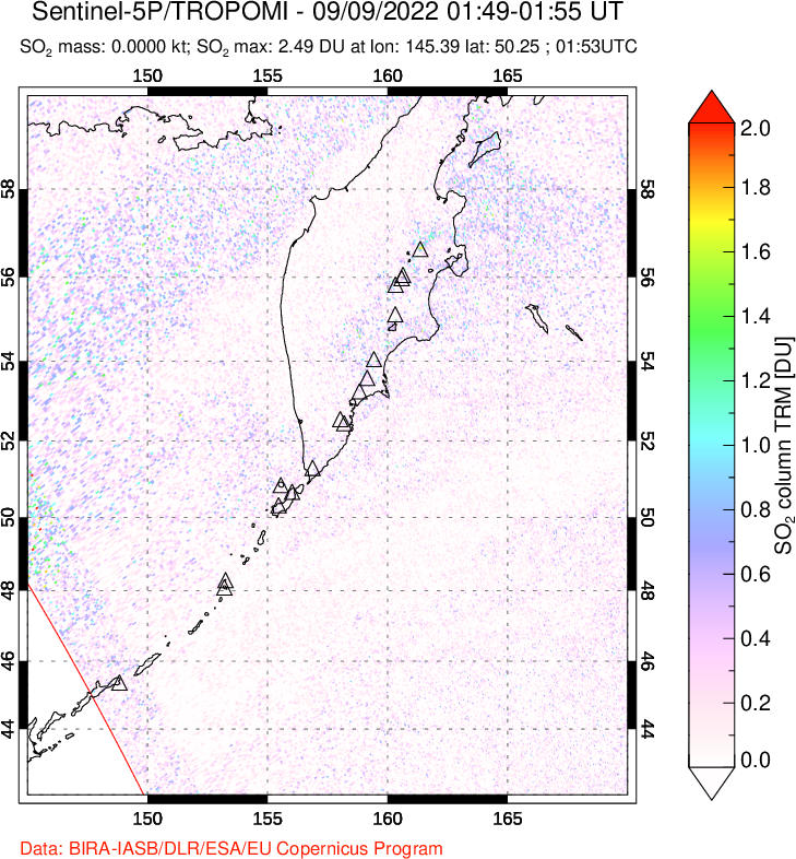 A sulfur dioxide image over Kamchatka, Russian Federation on Sep 09, 2022.