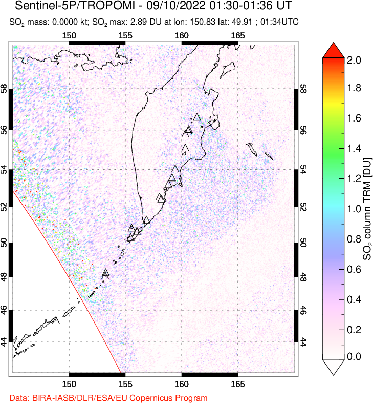A sulfur dioxide image over Kamchatka, Russian Federation on Sep 10, 2022.