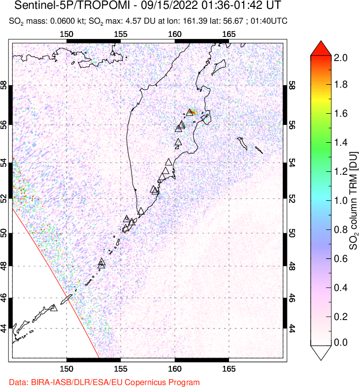A sulfur dioxide image over Kamchatka, Russian Federation on Sep 15, 2022.
