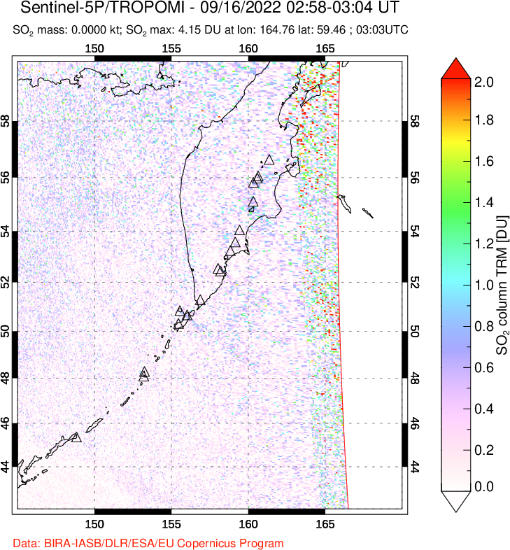 A sulfur dioxide image over Kamchatka, Russian Federation on Sep 16, 2022.