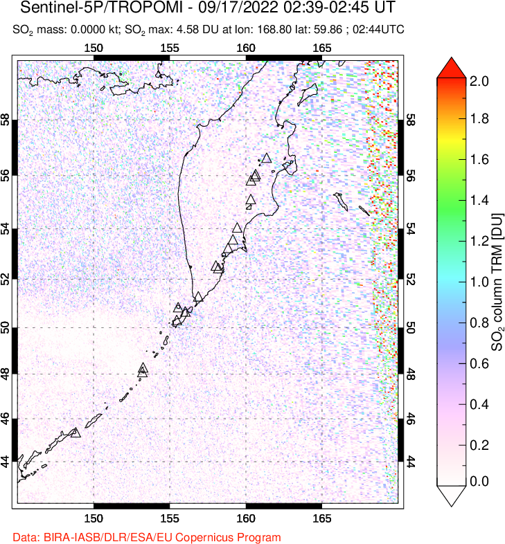 A sulfur dioxide image over Kamchatka, Russian Federation on Sep 17, 2022.