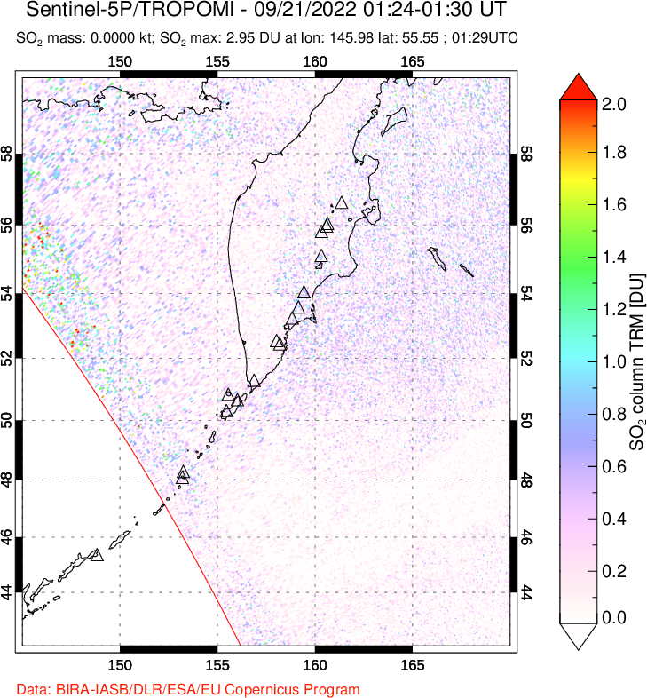 A sulfur dioxide image over Kamchatka, Russian Federation on Sep 21, 2022.