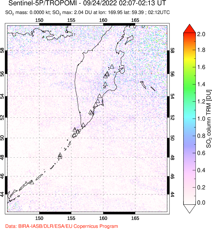 A sulfur dioxide image over Kamchatka, Russian Federation on Sep 24, 2022.
