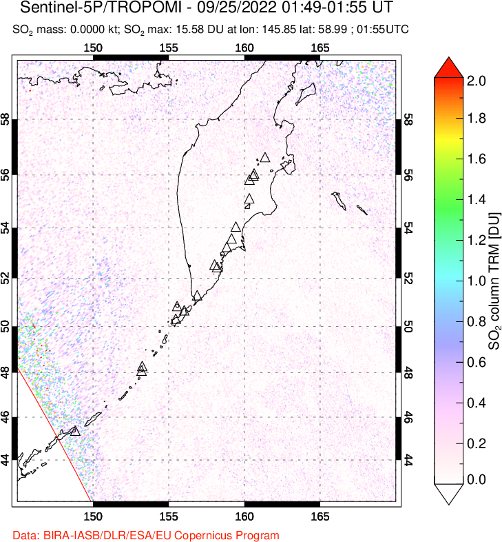 A sulfur dioxide image over Kamchatka, Russian Federation on Sep 25, 2022.