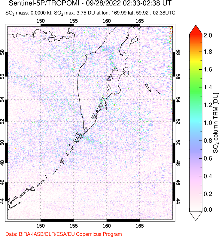 A sulfur dioxide image over Kamchatka, Russian Federation on Sep 28, 2022.