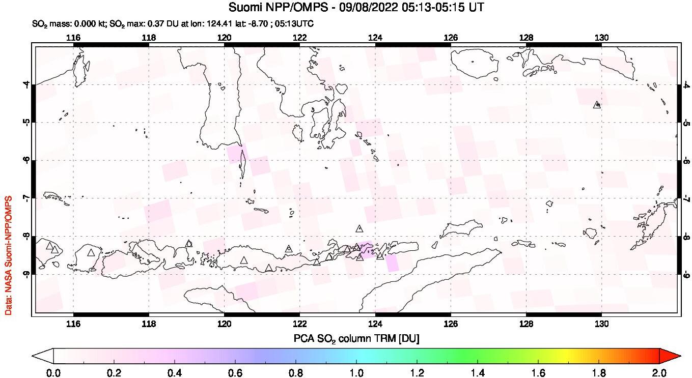 A sulfur dioxide image over Lesser Sunda Islands, Indonesia on Sep 08, 2022.