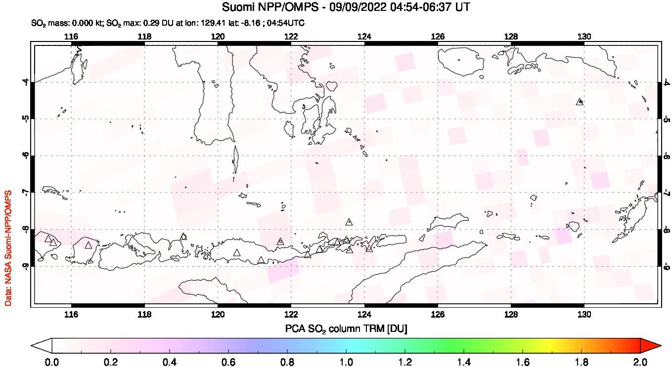 A sulfur dioxide image over Lesser Sunda Islands, Indonesia on Sep 09, 2022.