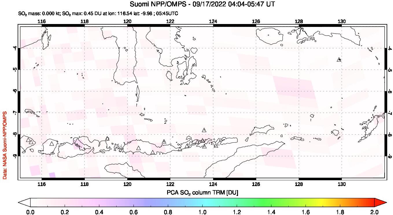 A sulfur dioxide image over Lesser Sunda Islands, Indonesia on Sep 17, 2022.