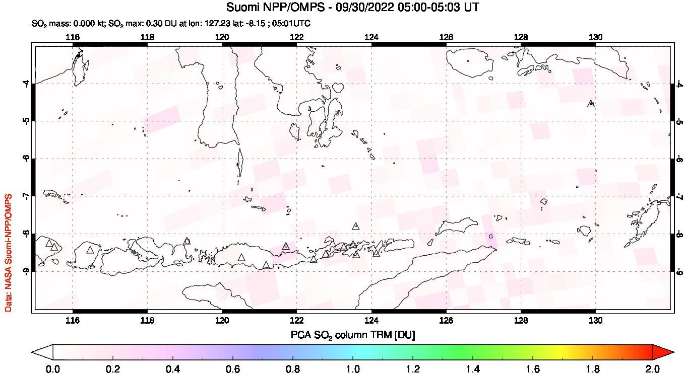A sulfur dioxide image over Lesser Sunda Islands, Indonesia on Sep 30, 2022.