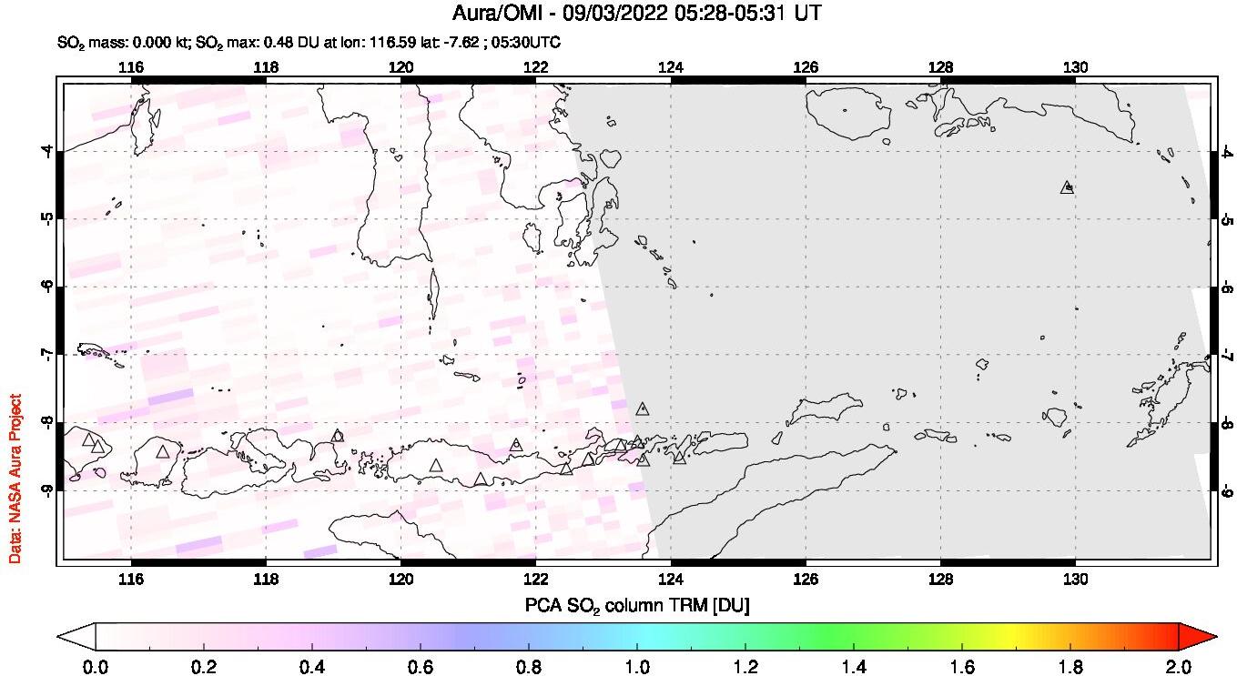 A sulfur dioxide image over Lesser Sunda Islands, Indonesia on Sep 03, 2022.