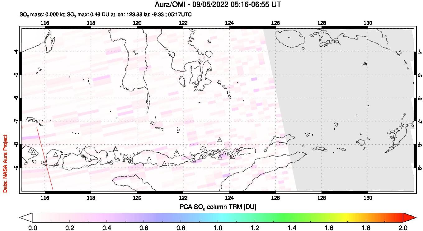 A sulfur dioxide image over Lesser Sunda Islands, Indonesia on Sep 05, 2022.