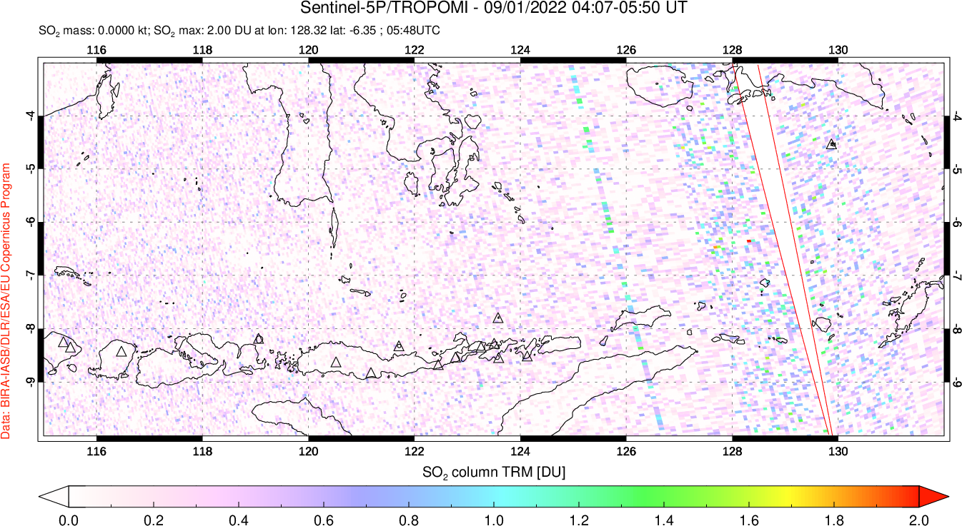 A sulfur dioxide image over Lesser Sunda Islands, Indonesia on Sep 01, 2022.
