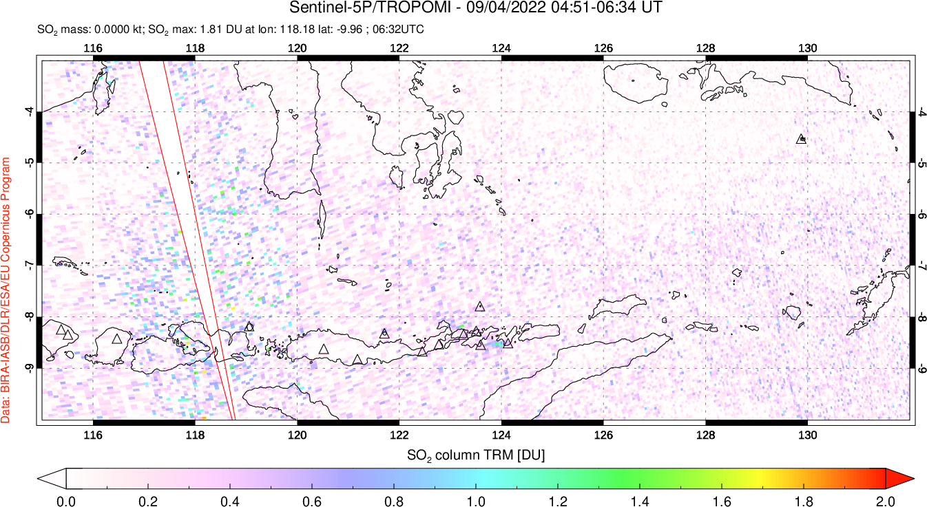 A sulfur dioxide image over Lesser Sunda Islands, Indonesia on Sep 04, 2022.