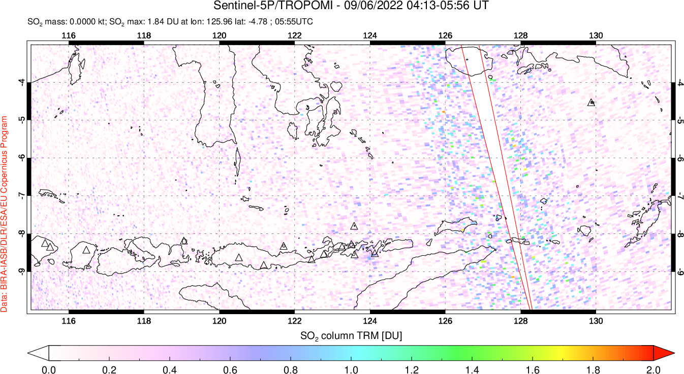 A sulfur dioxide image over Lesser Sunda Islands, Indonesia on Sep 06, 2022.