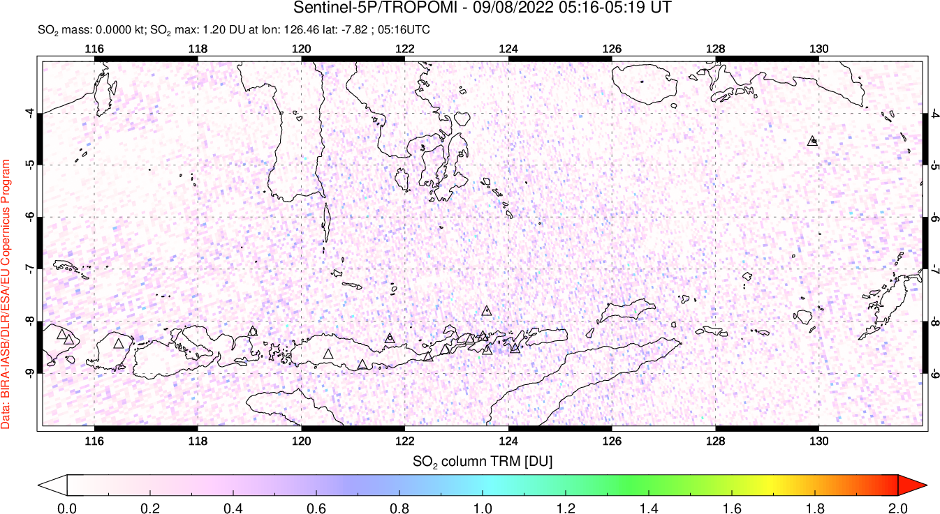 A sulfur dioxide image over Lesser Sunda Islands, Indonesia on Sep 08, 2022.