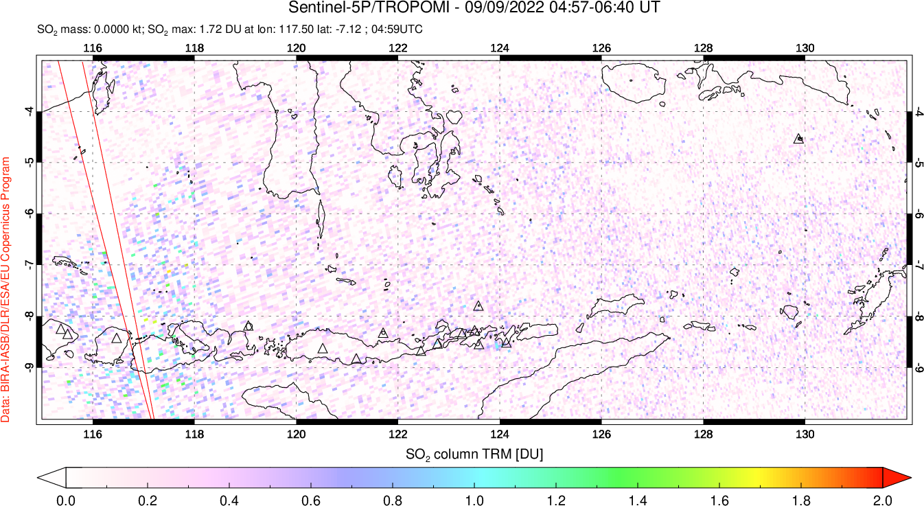 A sulfur dioxide image over Lesser Sunda Islands, Indonesia on Sep 09, 2022.