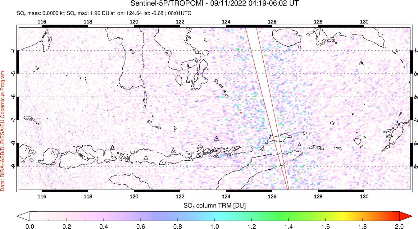 A sulfur dioxide image over Lesser Sunda Islands, Indonesia on Sep 11, 2022.