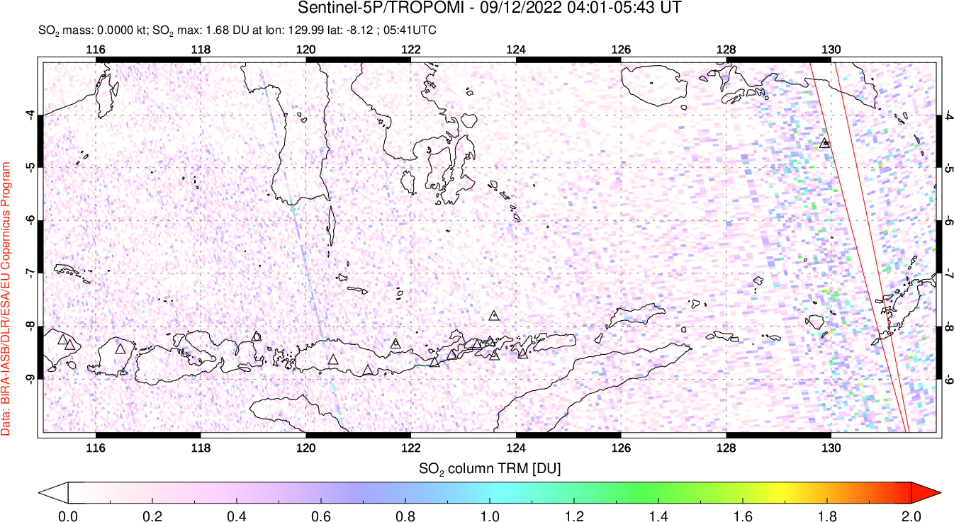 A sulfur dioxide image over Lesser Sunda Islands, Indonesia on Sep 12, 2022.