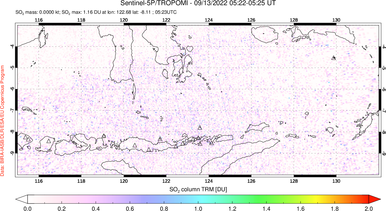 A sulfur dioxide image over Lesser Sunda Islands, Indonesia on Sep 13, 2022.