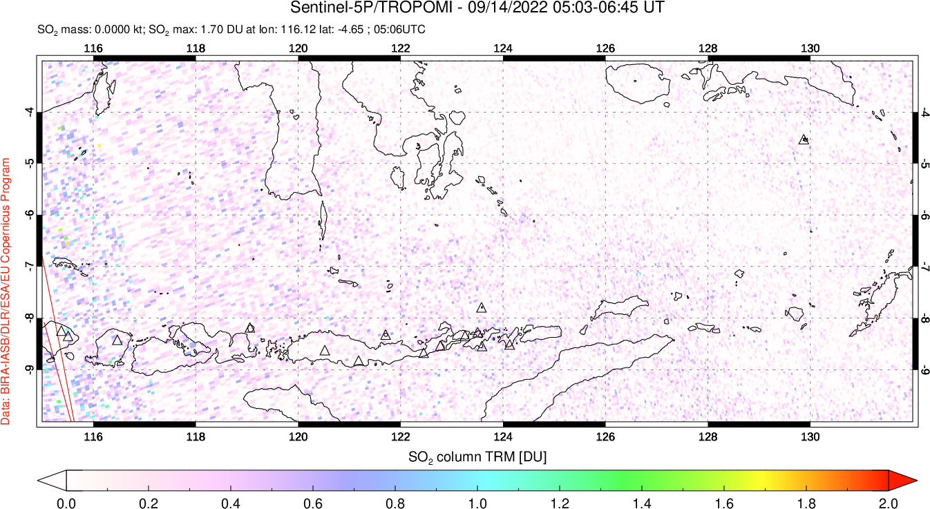 A sulfur dioxide image over Lesser Sunda Islands, Indonesia on Sep 14, 2022.