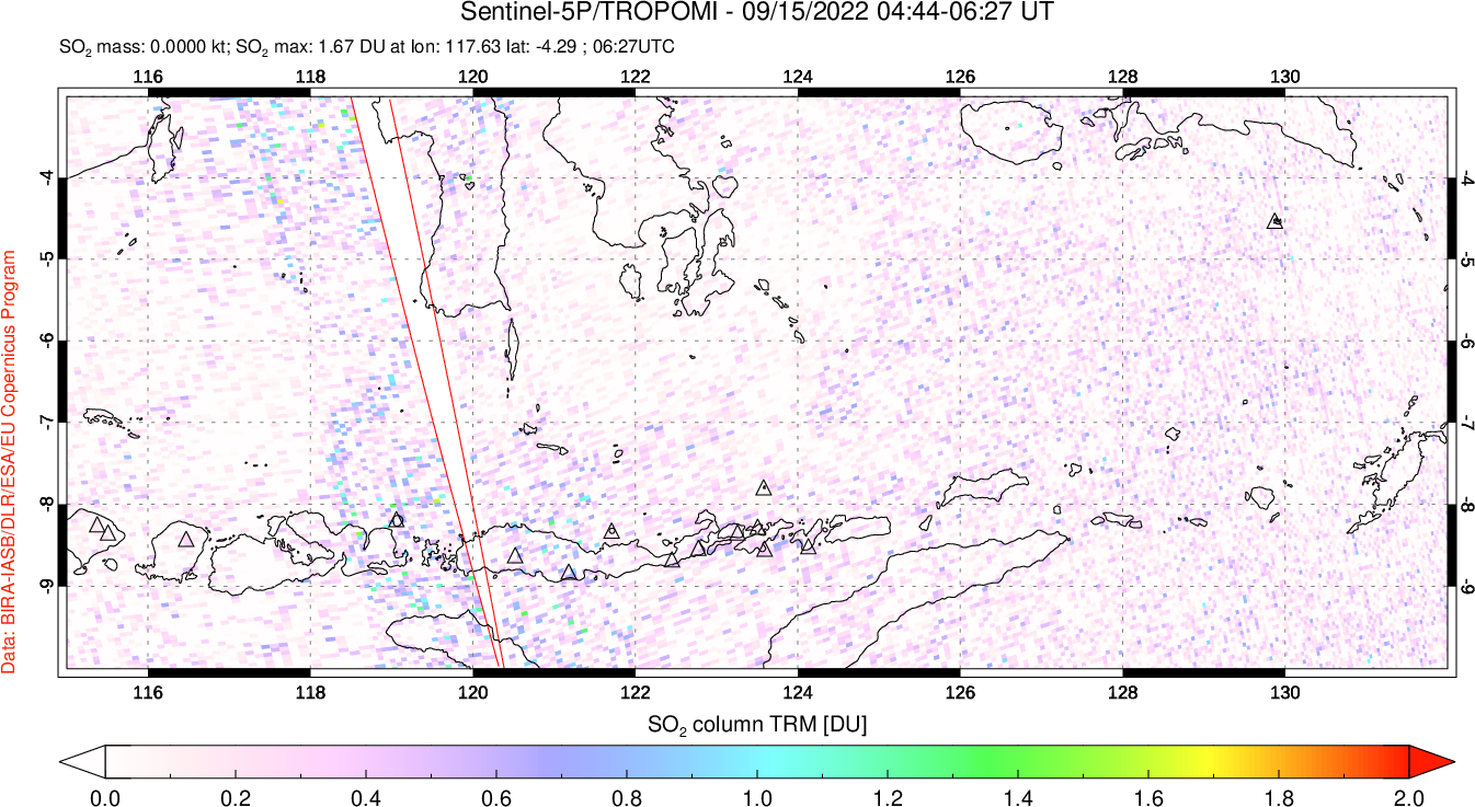 A sulfur dioxide image over Lesser Sunda Islands, Indonesia on Sep 15, 2022.