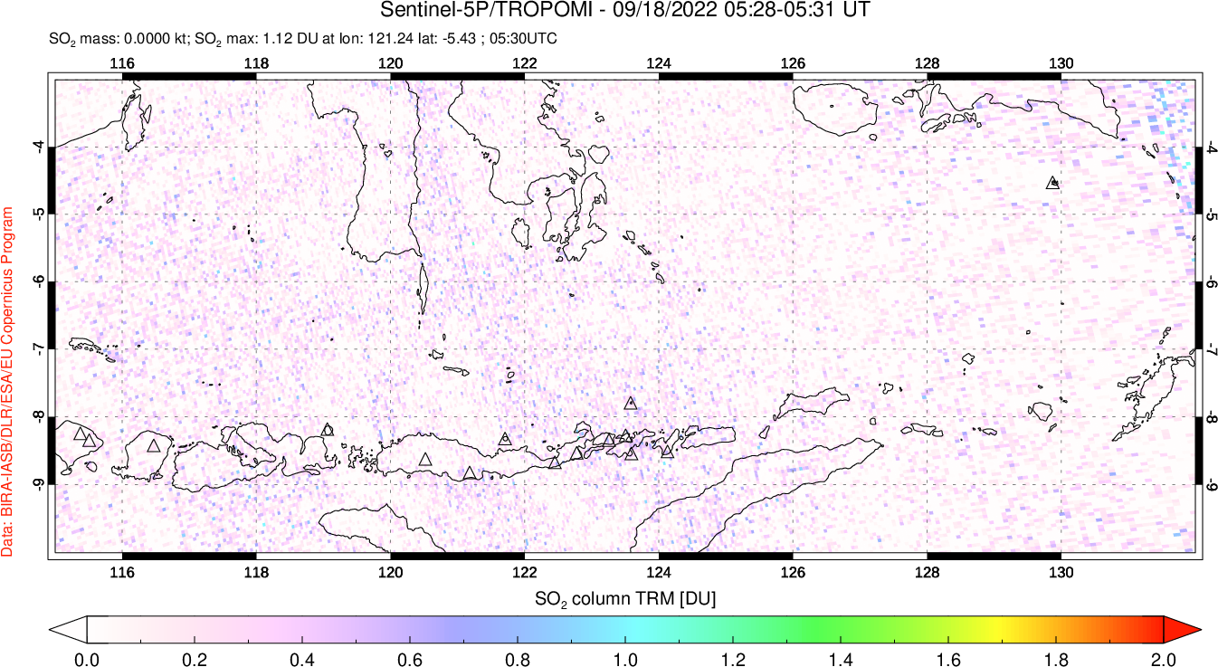 A sulfur dioxide image over Lesser Sunda Islands, Indonesia on Sep 18, 2022.