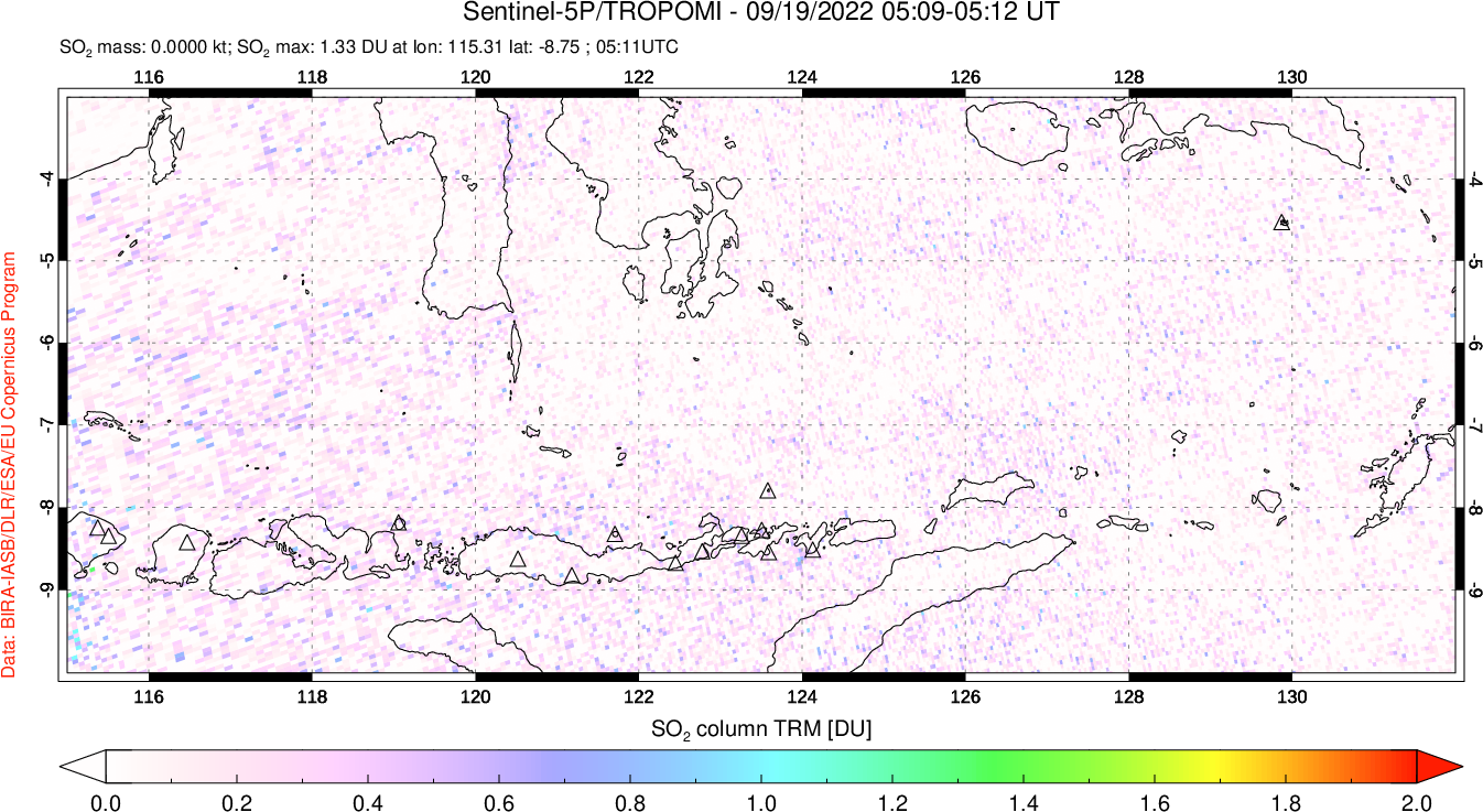 A sulfur dioxide image over Lesser Sunda Islands, Indonesia on Sep 19, 2022.