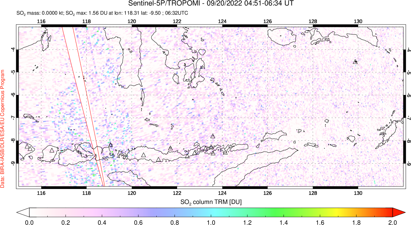 A sulfur dioxide image over Lesser Sunda Islands, Indonesia on Sep 20, 2022.