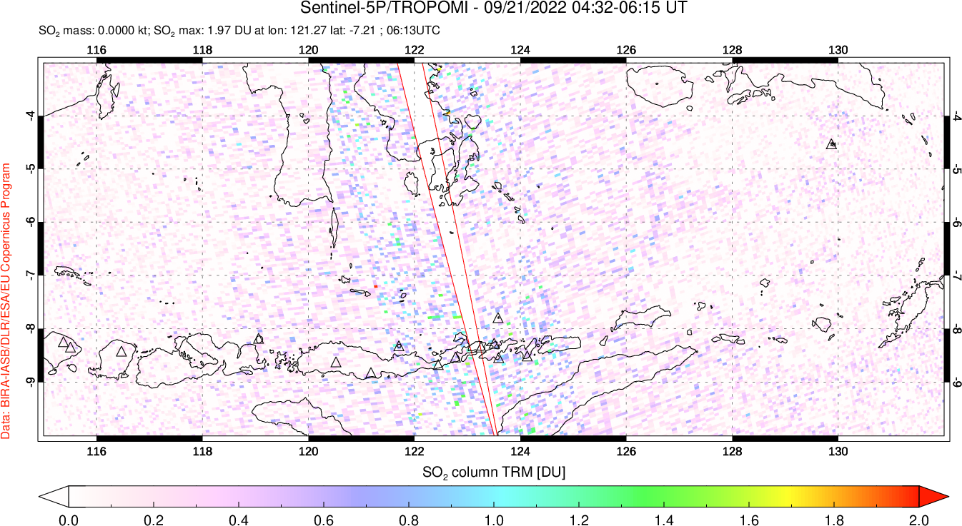 A sulfur dioxide image over Lesser Sunda Islands, Indonesia on Sep 21, 2022.