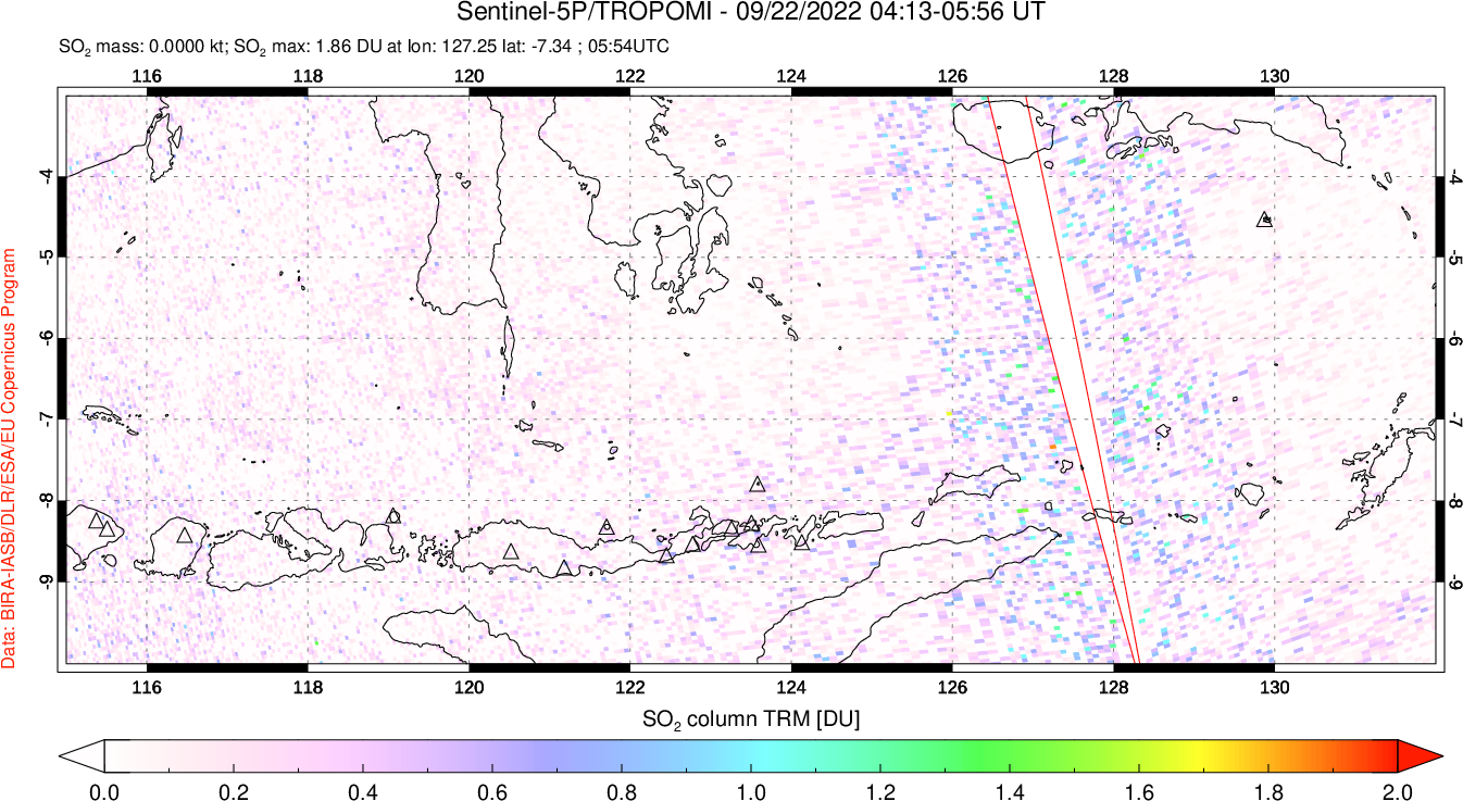 A sulfur dioxide image over Lesser Sunda Islands, Indonesia on Sep 22, 2022.