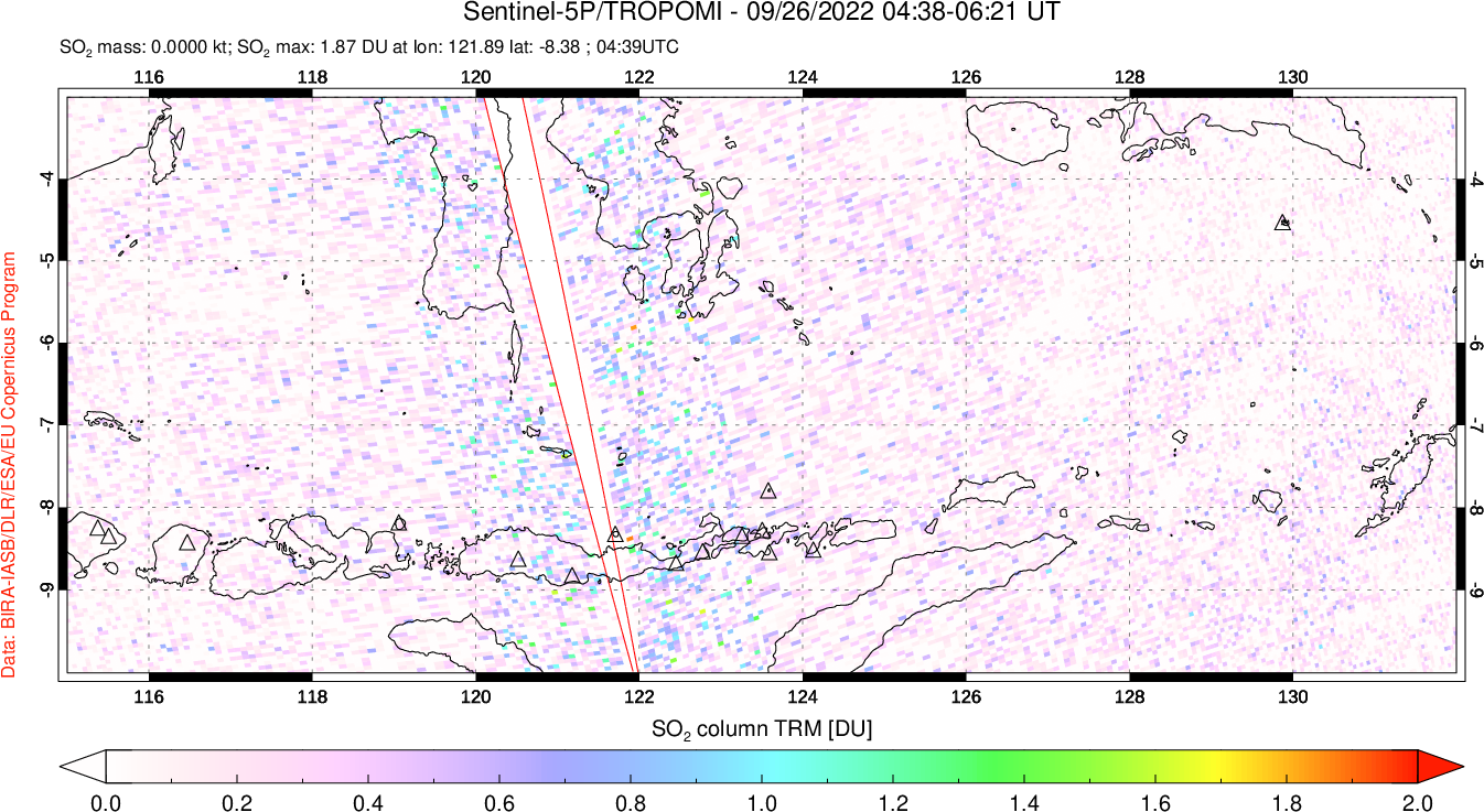 A sulfur dioxide image over Lesser Sunda Islands, Indonesia on Sep 26, 2022.